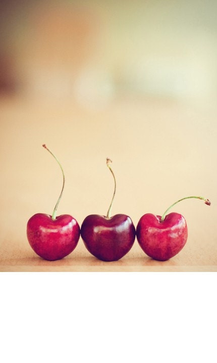cherries still life food photograph / valentines day, kitchen decor, heart, cherry, three, trio, red, minimalist / hearts / 8x10 fine art