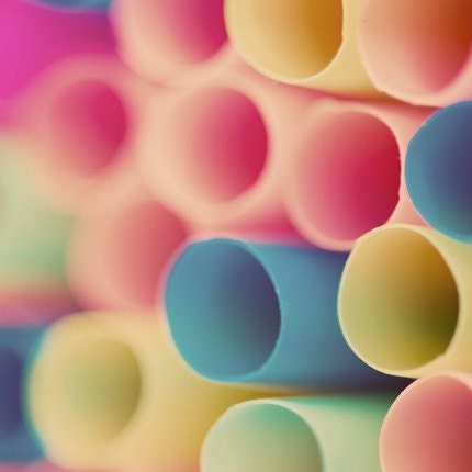abstract macro drinking straws photograph / kitchen decor, nursery decor, pastel, circles, pink, peach, blue / straws / 8x8