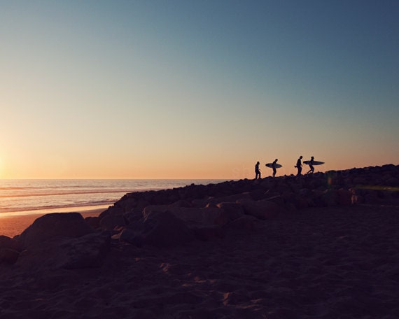 sunset surf beach photograph / surfer, dusk, water, coast, california, blue, peach, silhouette / california boys / 8x10 fine art photo