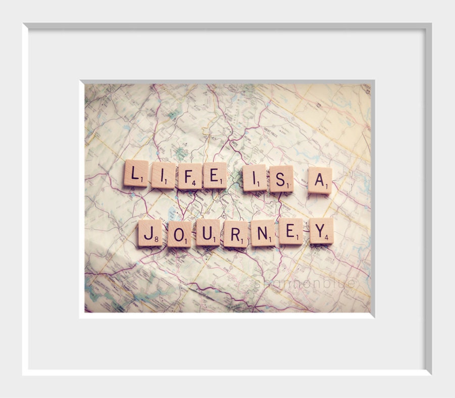 life travel photograph / journey, map, wanderlust, adventure, scrabble tiles, letters, typography / life is a journey / 8x 10 fine art photo