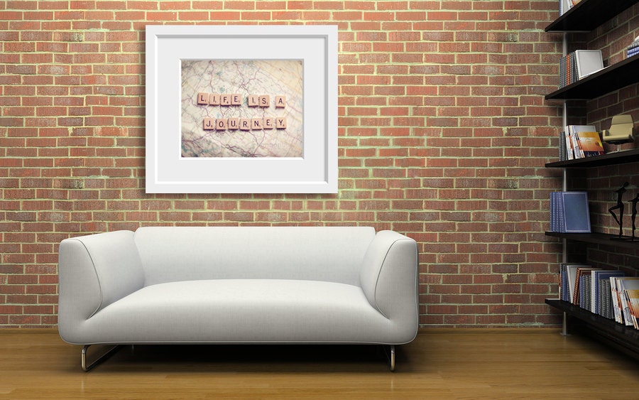 life travel photograph / journey, map, wanderlust, adventure, scrabble tiles, letters, typography / life is a journey / 8x 10 fine art photo