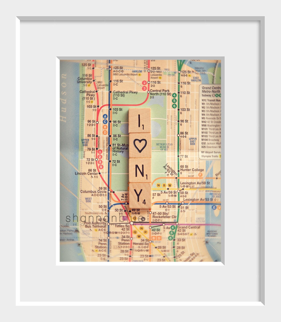 new york travel photograph / nyc, subway map, natural wood scrabble tiles, love, heart, letters, print / i heart ny / 8x 10 fine art photo