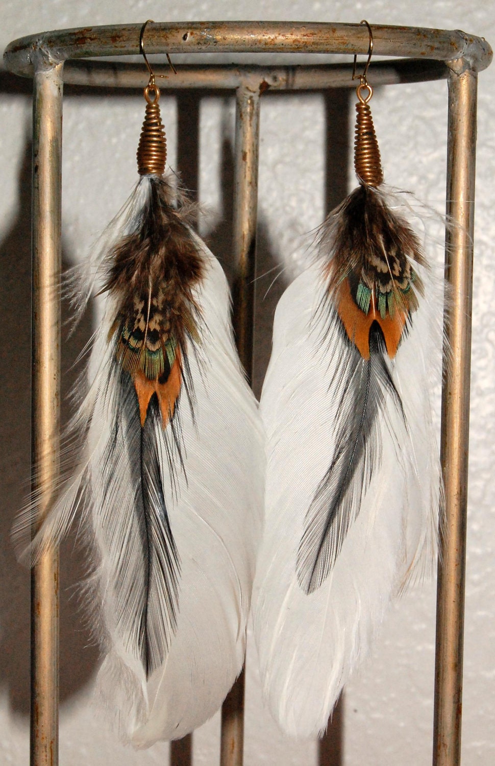 Wire Wrapped Black, White n Pheasant Feather Earrings