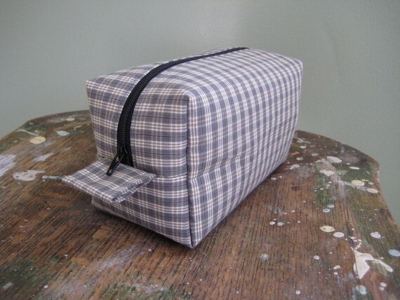 Mens plaid boxy toiletry bag from upcycled shirt