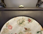 Vintage faux brown leather and floral tapestry handbag, circa 1940s