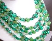 Vintage multi strand necklace with teal and lime green glass beads, antiqued brass - tonightinparis