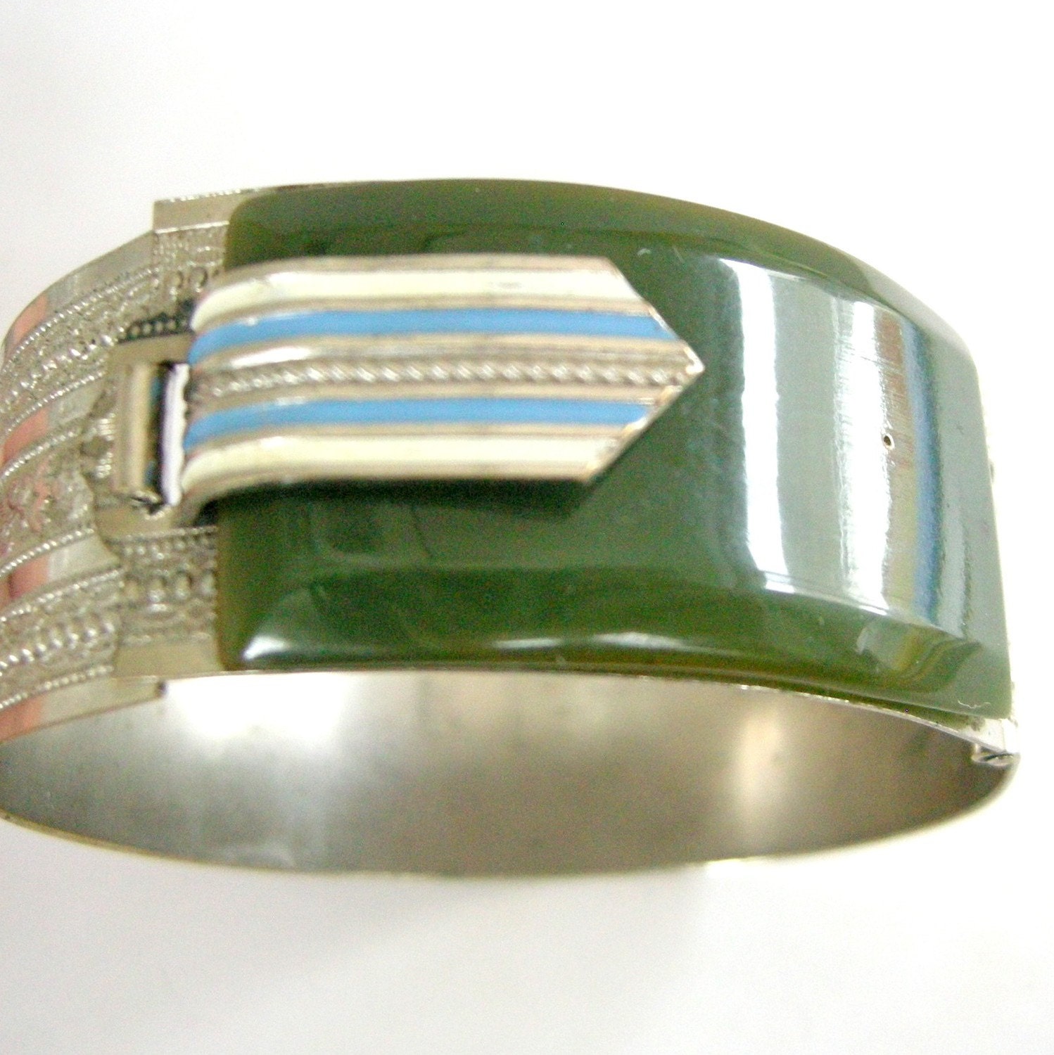 Rare vintage Deco belt bangle with enamel buckle, green bakelite