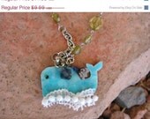 ON SALE Blue Whale in Waves of Lace Necklace / Fabric Beaded Jewelry / Cute Ocean Animal