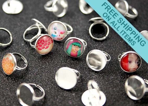 20mm Silver Finish Ring Settings or Blank Rings, fits 18mm clear dome - 5 pc set