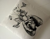 Human lung heart growing wild flowers and orchids butterflies silk screened pillow 18 inch BLACK