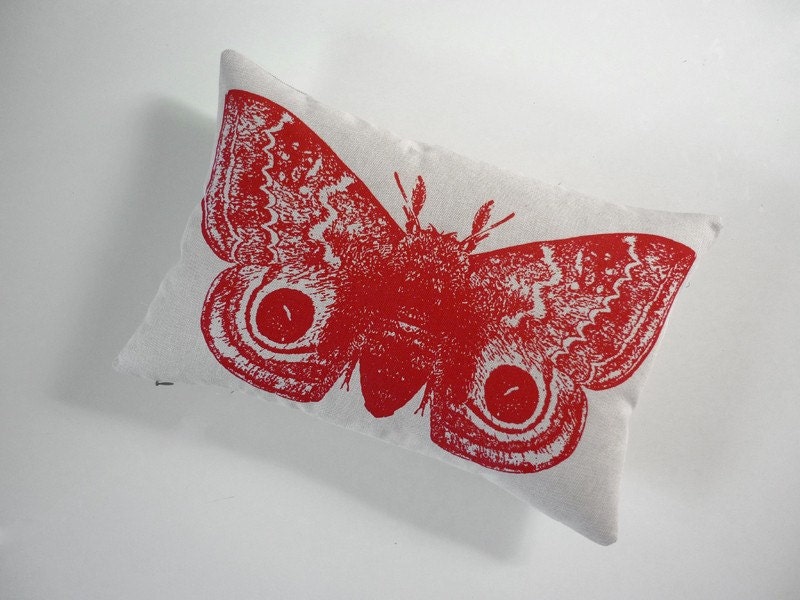 Giant IO Moth silk screened cotton canvas throw pillow 12x18 red