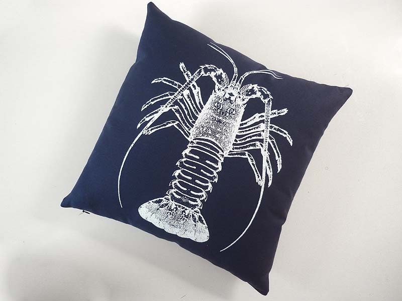 Spiny Lobster silk screened cotton canvas throw pillow 18 inch navy blue white