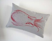 Cuttlefish silk screened cotton canvas throw pillow 12x18 red on gray