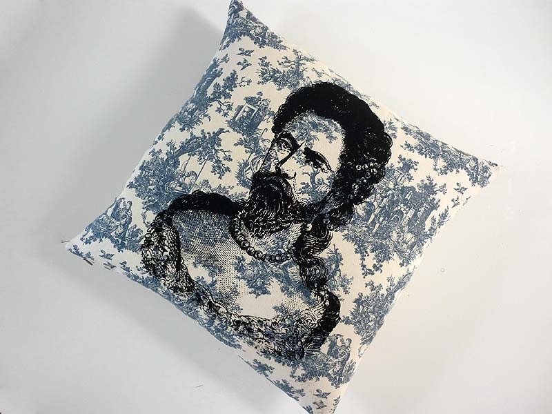 SALE Bearded Lady or Man in Drag silkscreened blue toile throw pillow 18 inch square