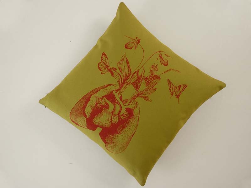 Human Lungs Heart Growing Wildflowers silkscreened cotton canvas throw pillow 18 inch avocado green red