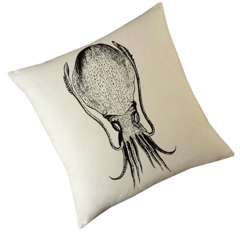 Cuttlefish squid silk screened cotton canvas throw pillow 18 inch black
