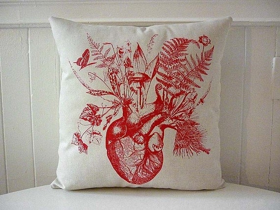 Growing human heart silk screened cotton canvas throw pillow 18 inch red