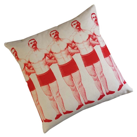 Man Chain silk screened cotton canvas throw pillow 18 inch red on ivory