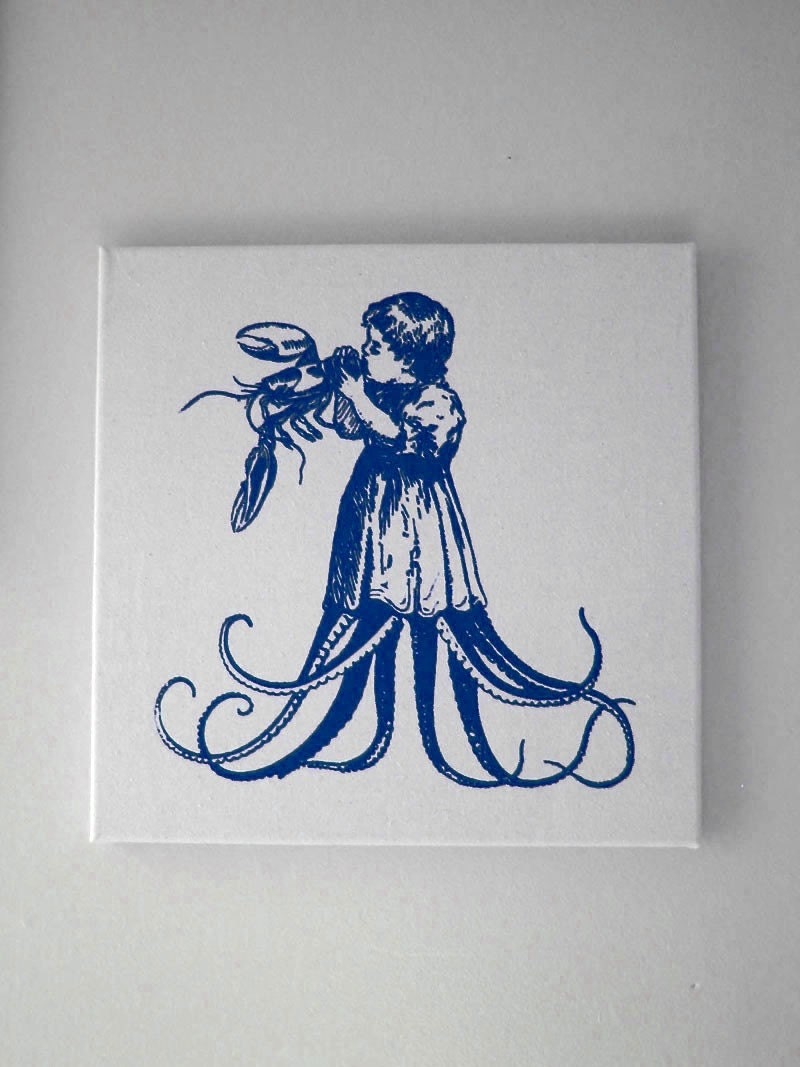 Starving Child Eating Juicy Lobster silk screened natural canvas wall hanging 16x16 NAVY