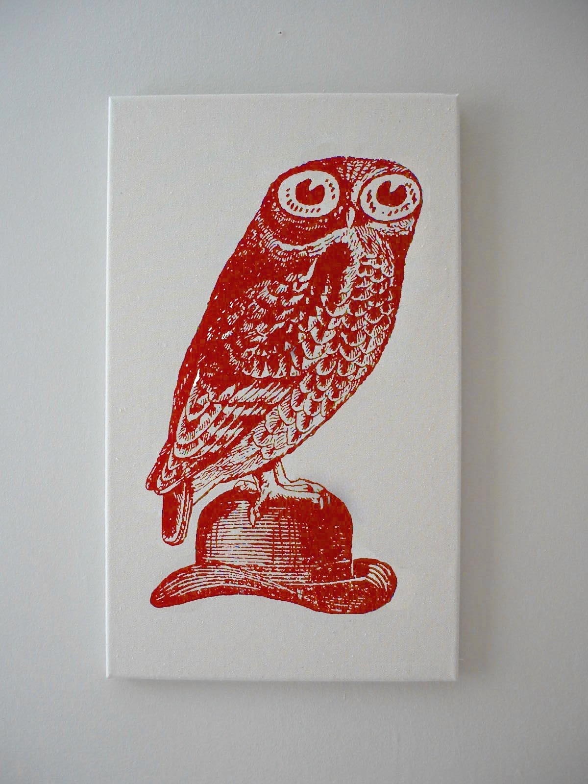 Owl on Bowler Hat silk screened canvas wall hanging 18x12 RED