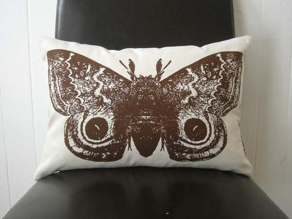 Giant IO Moth silk screened cotton canvas throw pillow BROWN 18x12