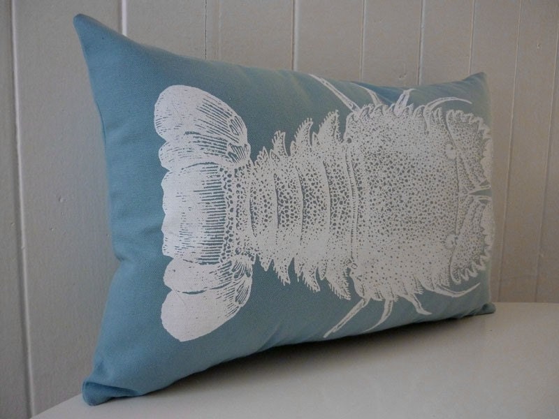 Slipper Lobster silk screened cotton throw pillow 18x12 teal blue white