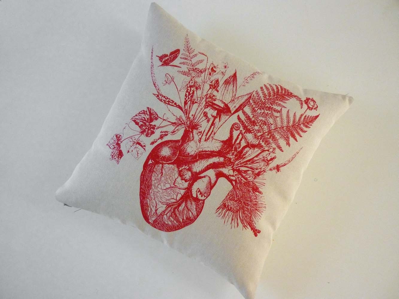 Growing human heart silk screened cotton canvas throw pillow 18 inch red