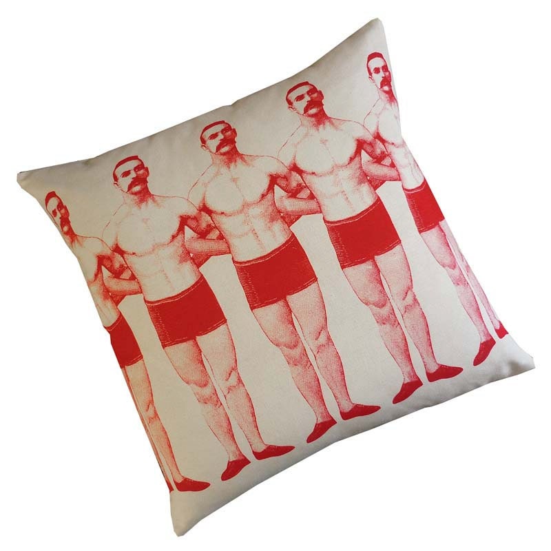 Man Chain silk screened cotton canvas throw pillow 18 inch red on ivory