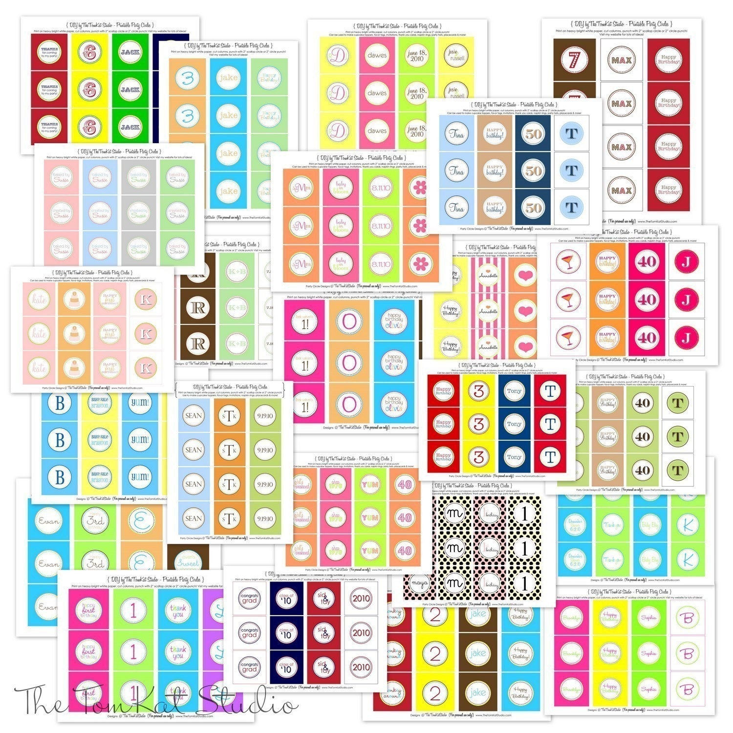 CUSTOM Printable 2inch Party Circles - Your Choice of Colors Fonts Text - The TomKat Studio
