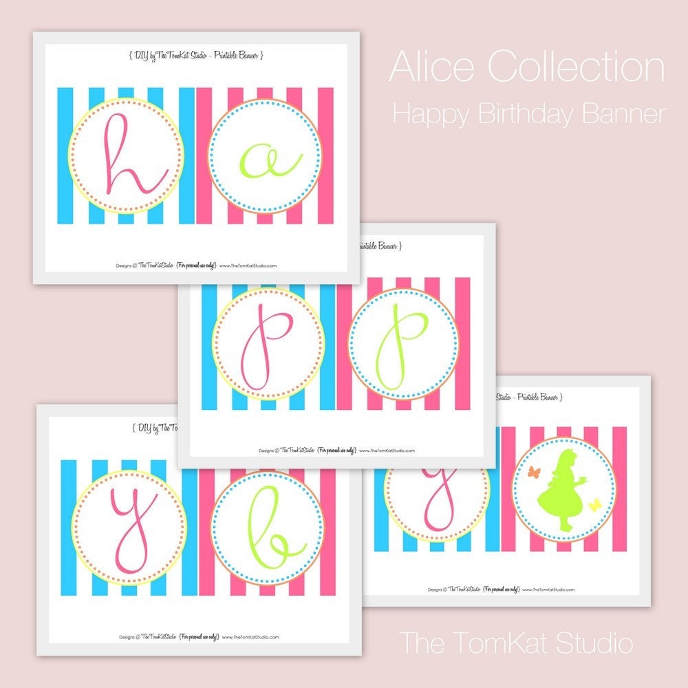 Alice in Wonderland Party Printable Happy Birthday Banner by The TomKat Studio