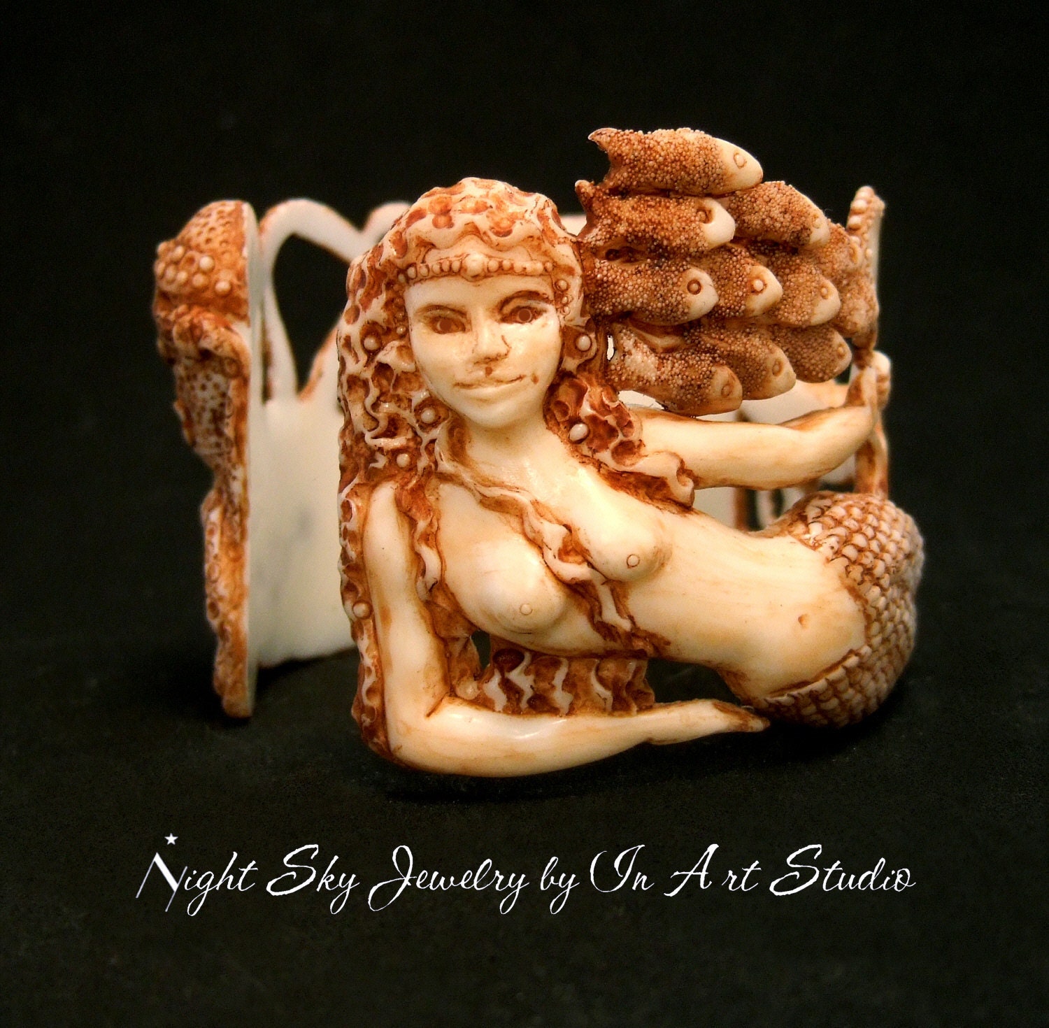 Mermaid Bracelet in Antique Ivory Resin with Octopus, Dolphin and Treasure Chest