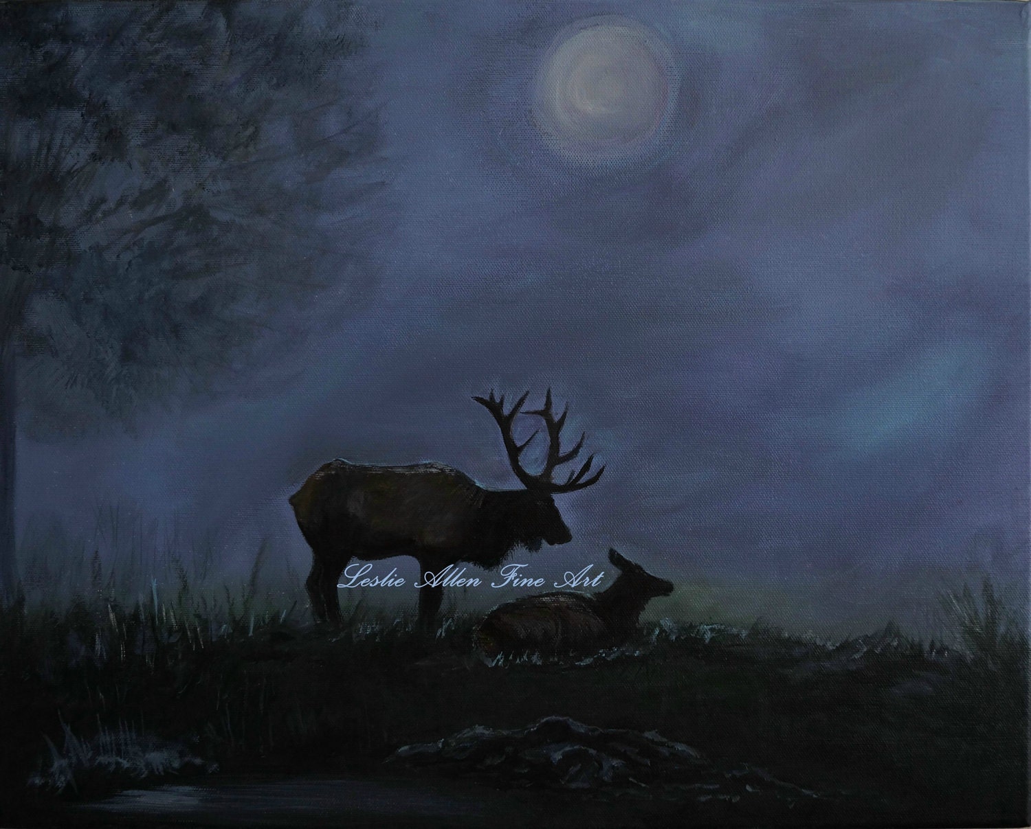 Elk Painting Bull Cow Wapiti Mountains Pond Trees Woods Cabin Decor Rustic Wildlife Wilderness Landscape 20x16