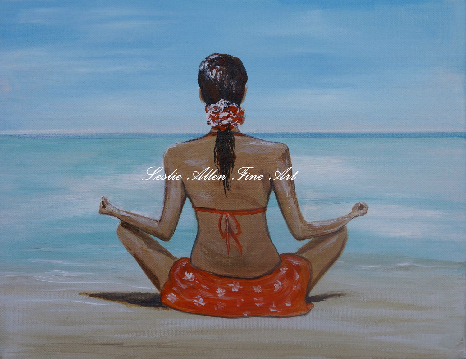 Woman Giclee Art Print Girl Meditating Calming Water Ocean Wall Art  Beach Seascape Landscape "Staying Calm" Artist Leslie Allen Fine Art - LeslieAllenFineArt