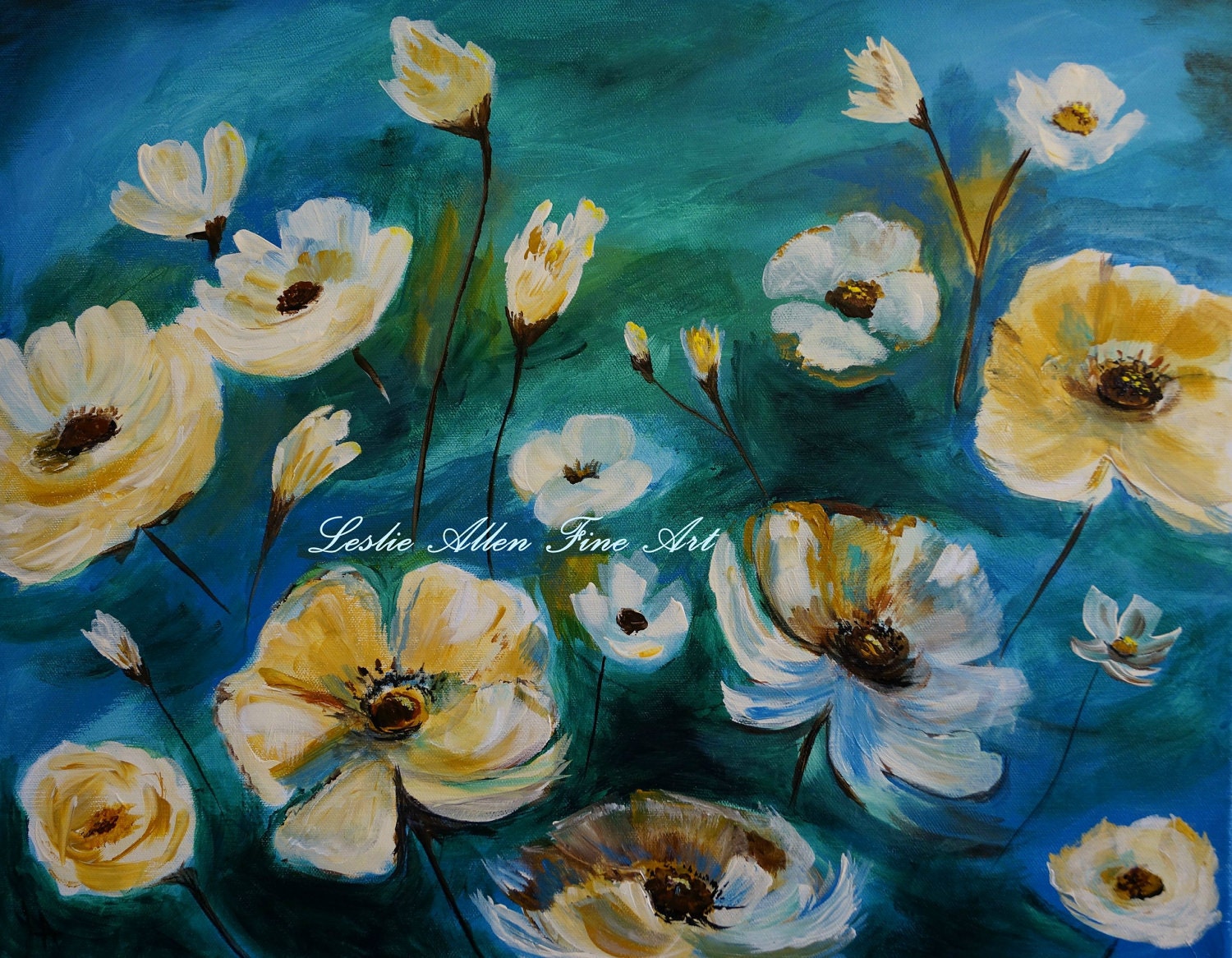 Flower Painting Flowers Floral Painting White Teal Blue Gold Lake Blue Abstract Flowers Floral "Floral Finesse" Original  Flowers
