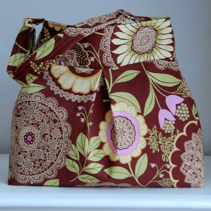 Brown Lacework Pleated Hobo Handbag / Purse - READY TO SHIP