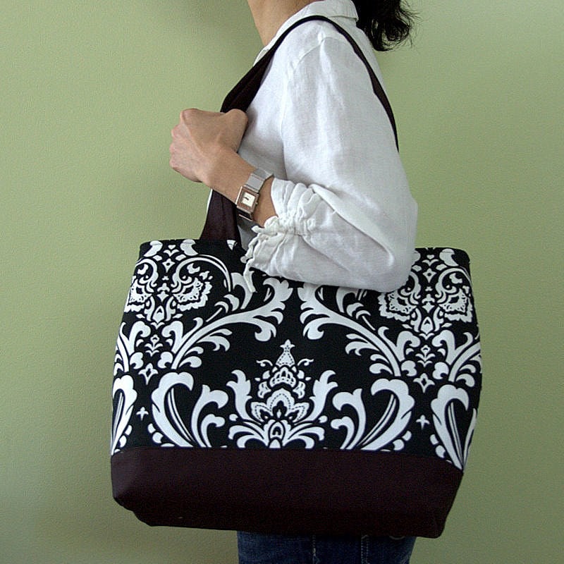 Black and White Osborne Damask Print Shaped Tote - READY TO SHIP