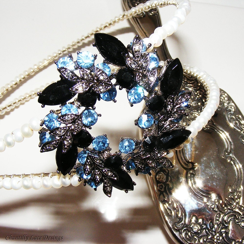 Double Row Freshwater Pearl Sapphire Rhinestone Headband - SALE