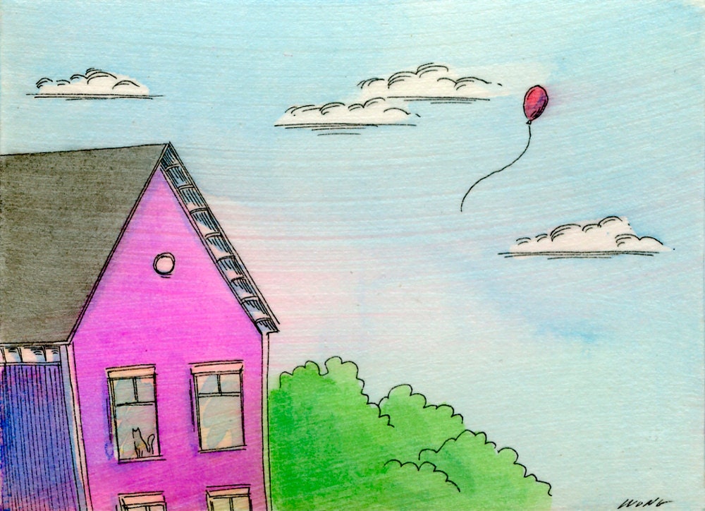 Original ACEO Painting -- Fly away red balloon