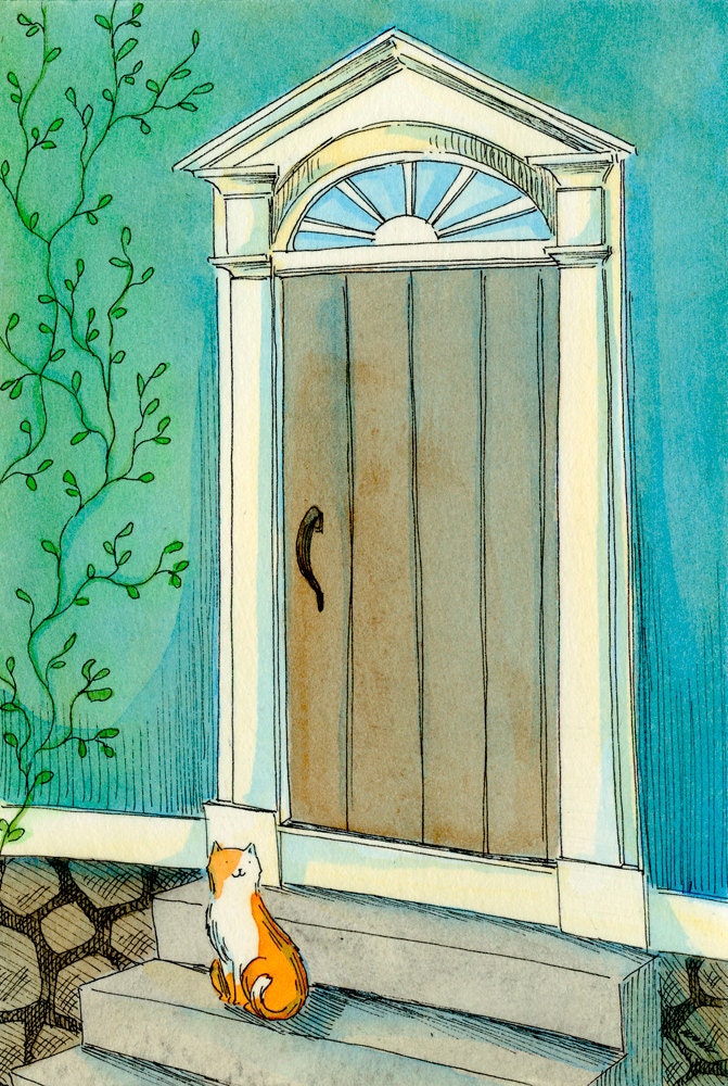 Original 4x6 Painting -- Kitty by the door