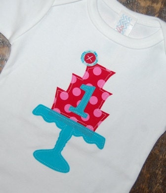 Vintage Cake Stand ... Red Pink and Aqua Custom Birthday tee ... Girls Birthday Shirt Il_570xn