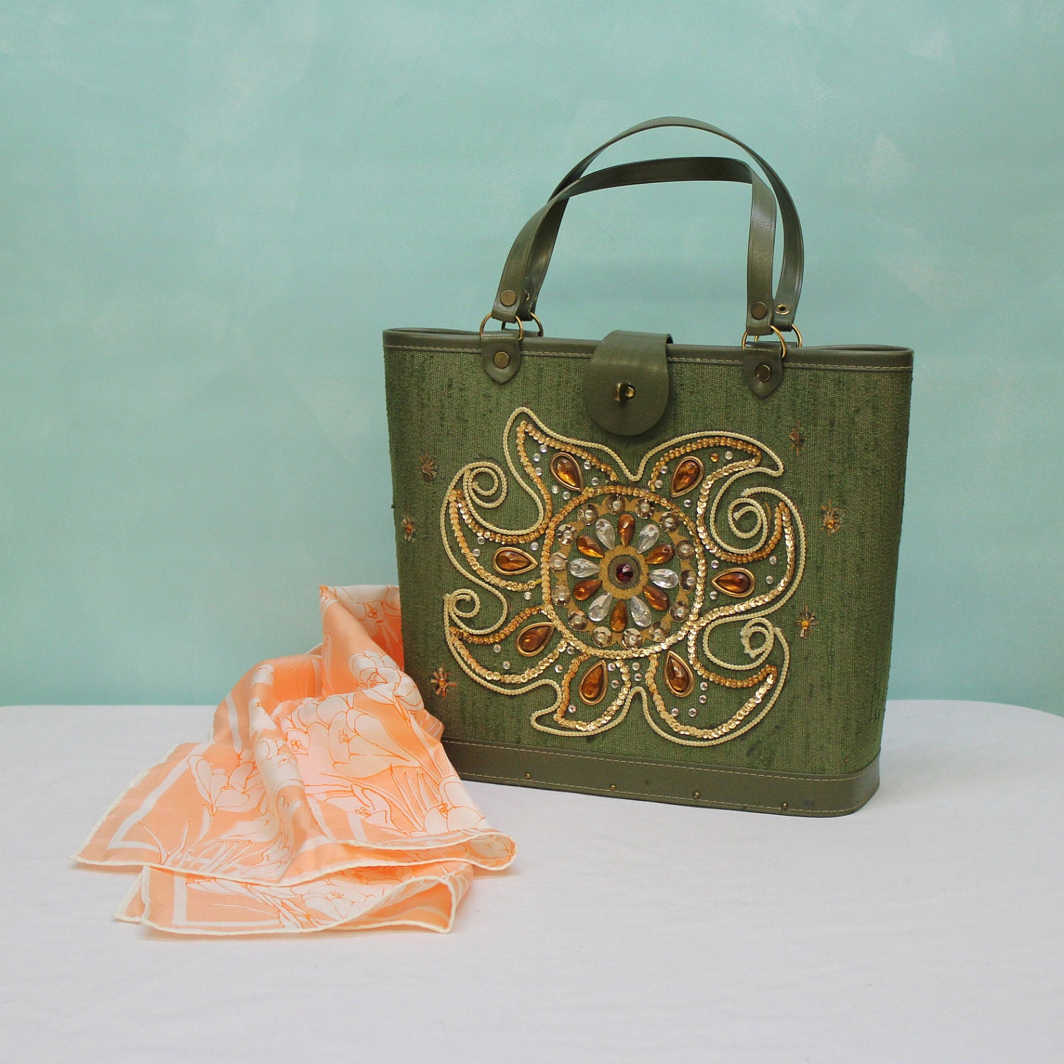 60's Collins Style Bejeweled Fabric Tote in Green