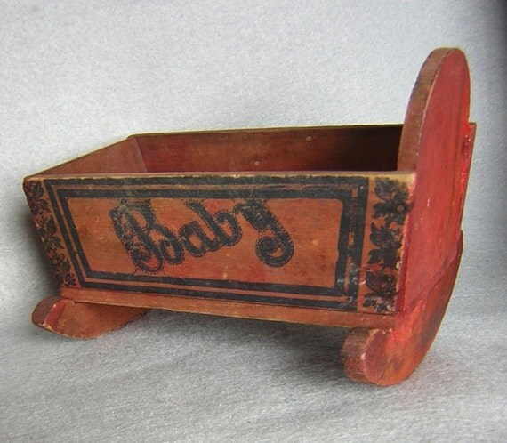 Antique Victorian Baby Doll Cradle in Old Red Paint by Neatcurios