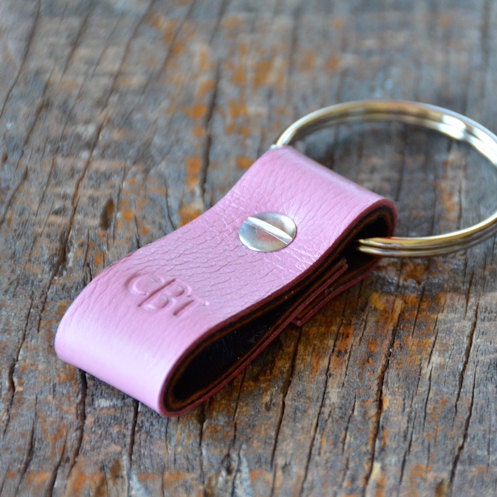 Monogrammed Light Pink and Brown Leather Keychain (Style 3)