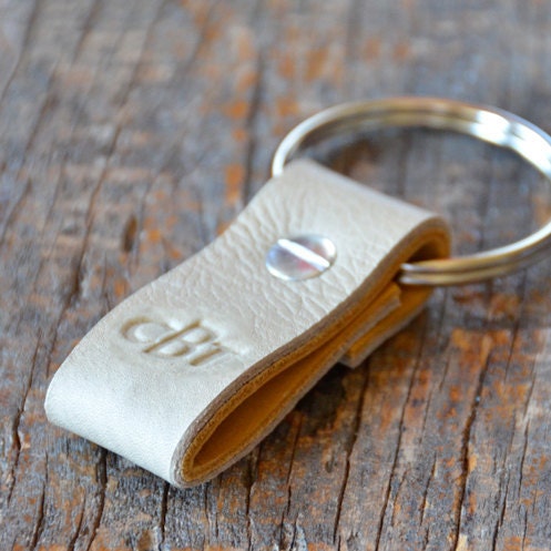 Monogrammed Taupe and Ochre Leather Keychain (Style 3)