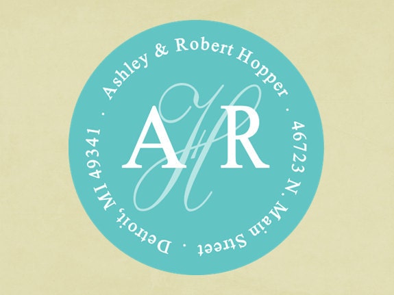 Return address labels, stickers, tags, envelope seals, round--Center script monogram