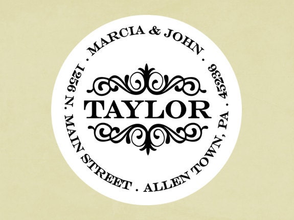 Return address labels, stickers, tags, envelope seals, round--Center scroll