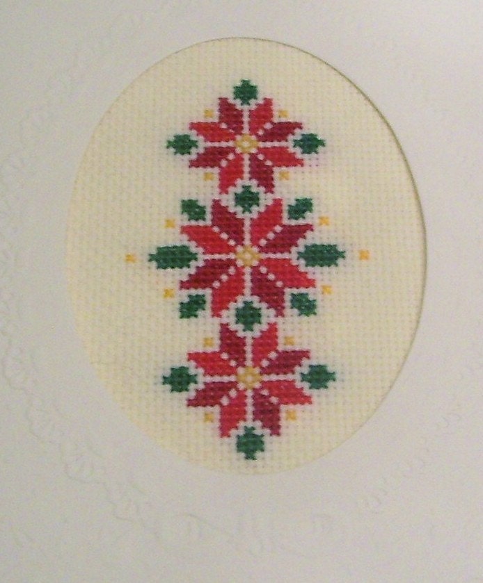 Cross Stitched Poinsettia Christmas Greeting Note Card