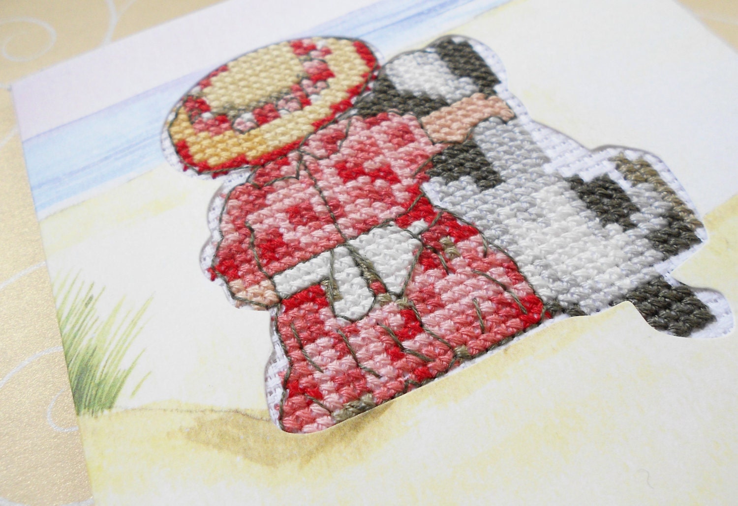 A Day at the Beach - A Girl and Her Dog Cross Stitched Greeting Note Card