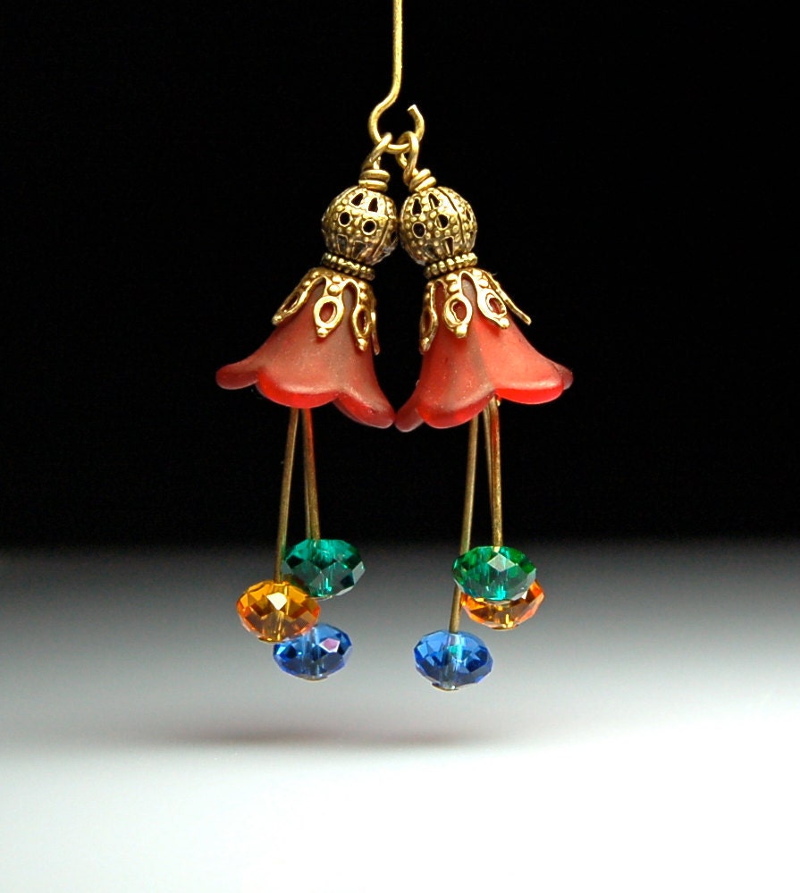 Bead Earring Dangles Red Lucite Flowers with Colorful Crystals R31