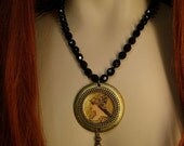 Minerva Goddess necklace Black glass necklace with antique black pendant costume jewelry